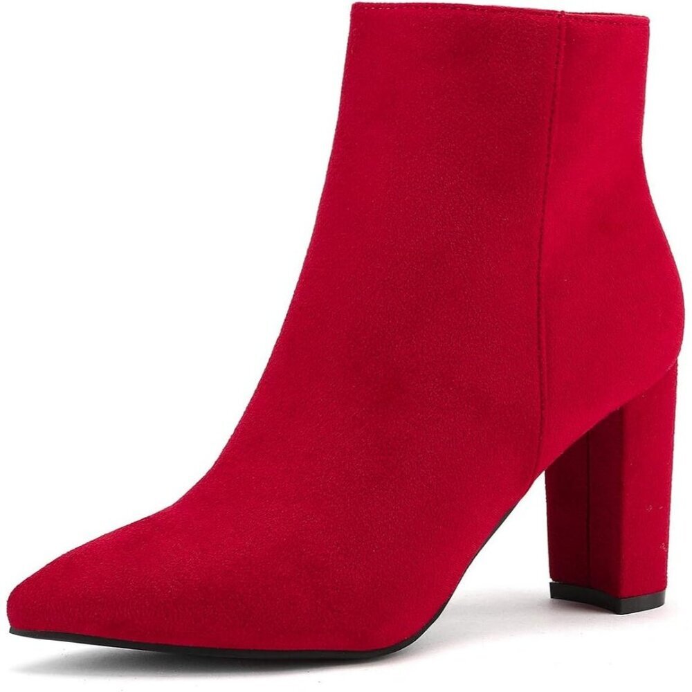 Dream Pairs Women's Red Pointed Toe Fur Lining Chunky Block Heel Ankle Booties